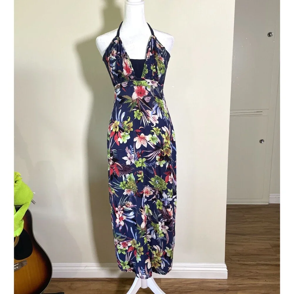 Biglietto Women's Navy Blue Floral Strappy Maxi Dress Small Boho Beach Sundress